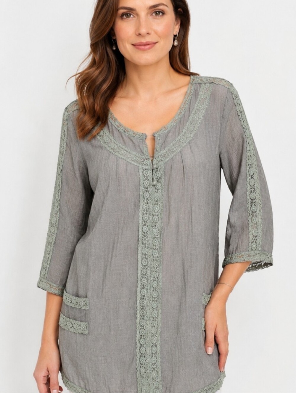 Solitaire Gray Green Lace Boho Tunic Top Size M